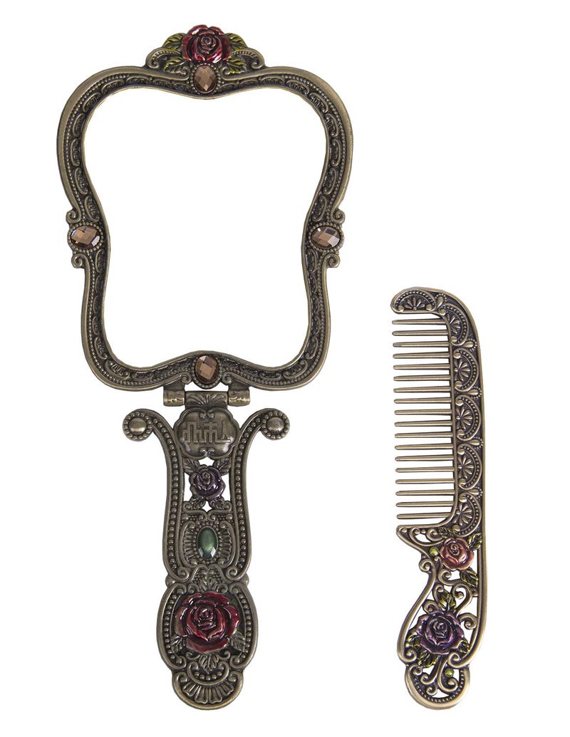 Nerien Vintage Metal Handheld Makeup Mirror with Comb - Russian Style Embossed Rose - Travel Portable Foldable Mirror - Decorative Tabletop Stand - Bronze - Image 3